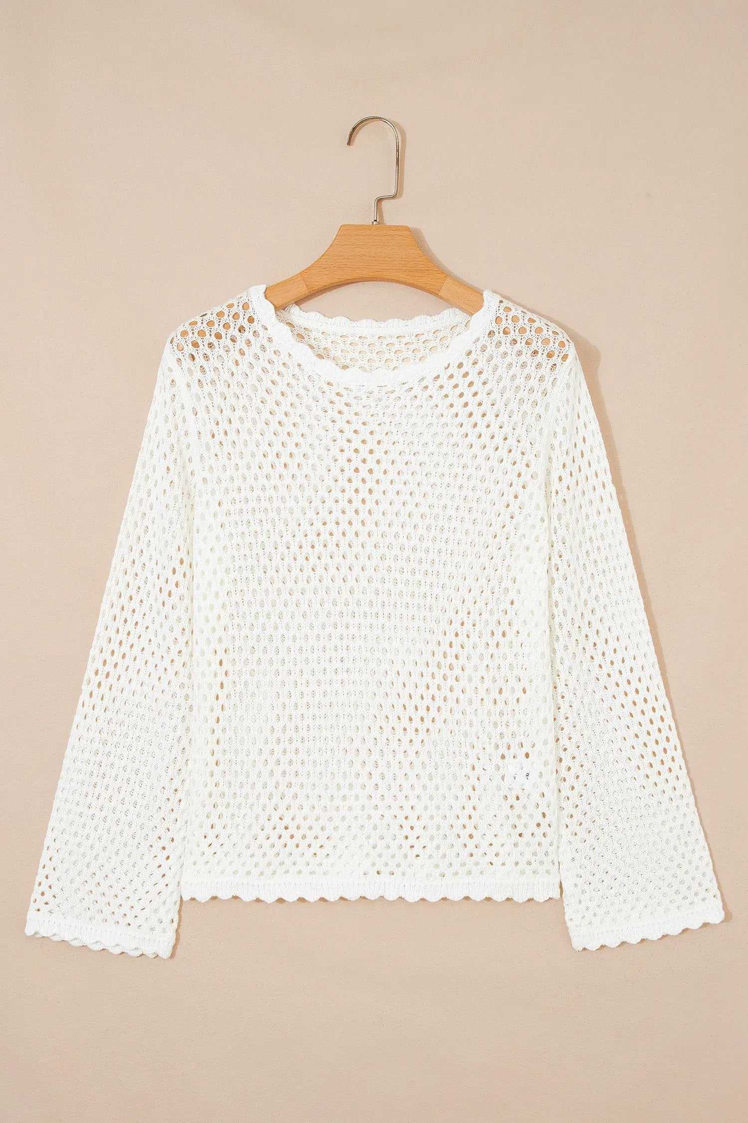Hollow Out Knit Top with scalloped trim and long sleeves