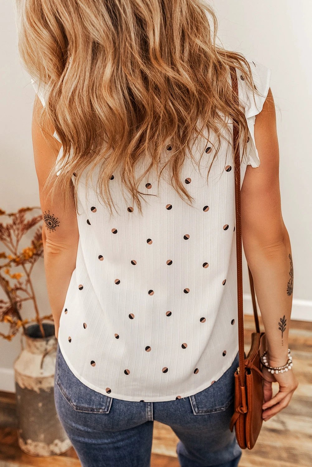 white polka dot print ruffled shoulder v neck tank top for women casual everyday outfit