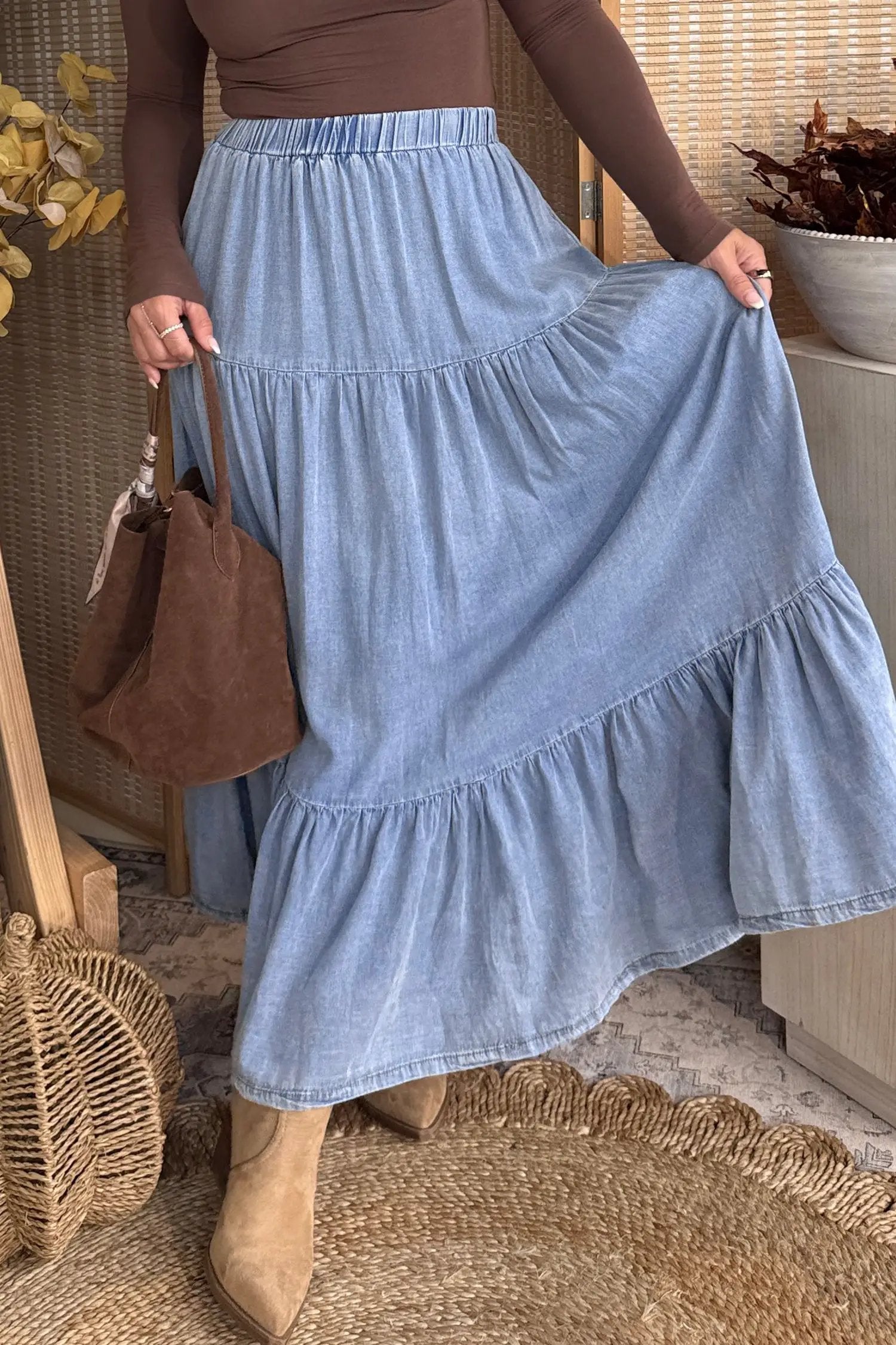 Dear-Lover Dropshipping Beau Blue Elastic Waist Ruffled Tiered Flared Denim Maxi Skirt - Bottoms/Skirts & Petticoat