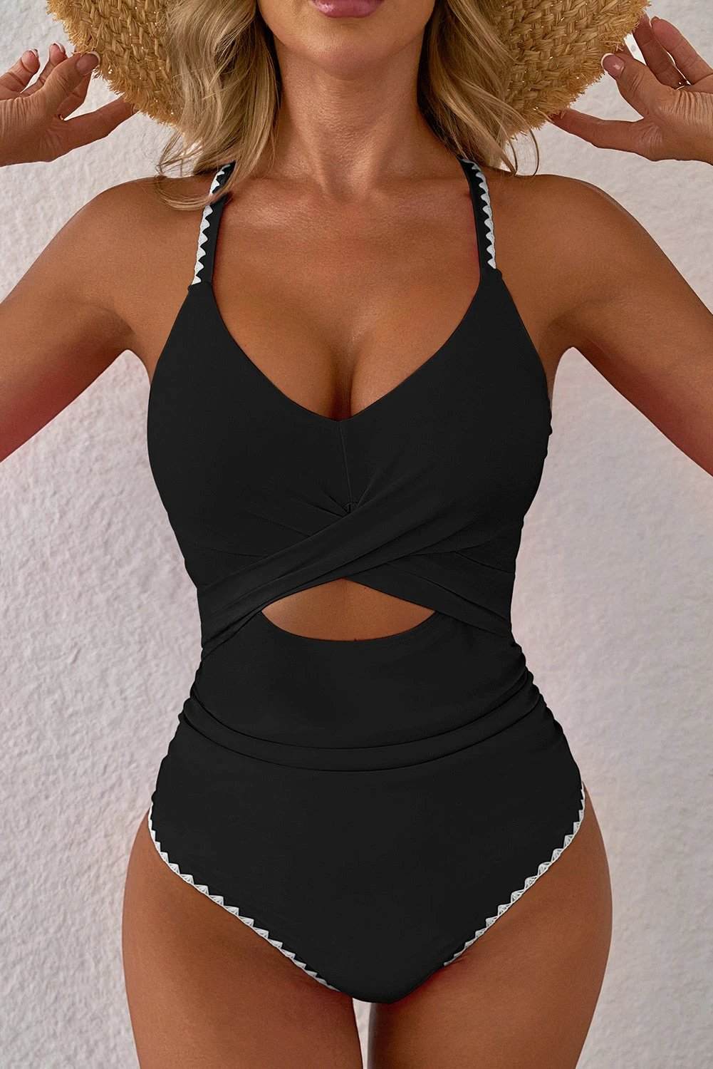 Pink ric rac trim contrasted patchwork cutout one piece swimsuit for women casual everyday outfit