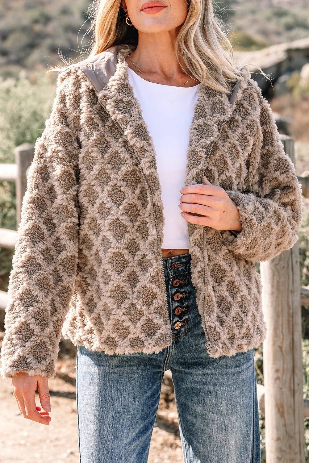 Cozy Confidence sherpa rhombus zip-up hooded bomber jacket with side pockets in plush texture