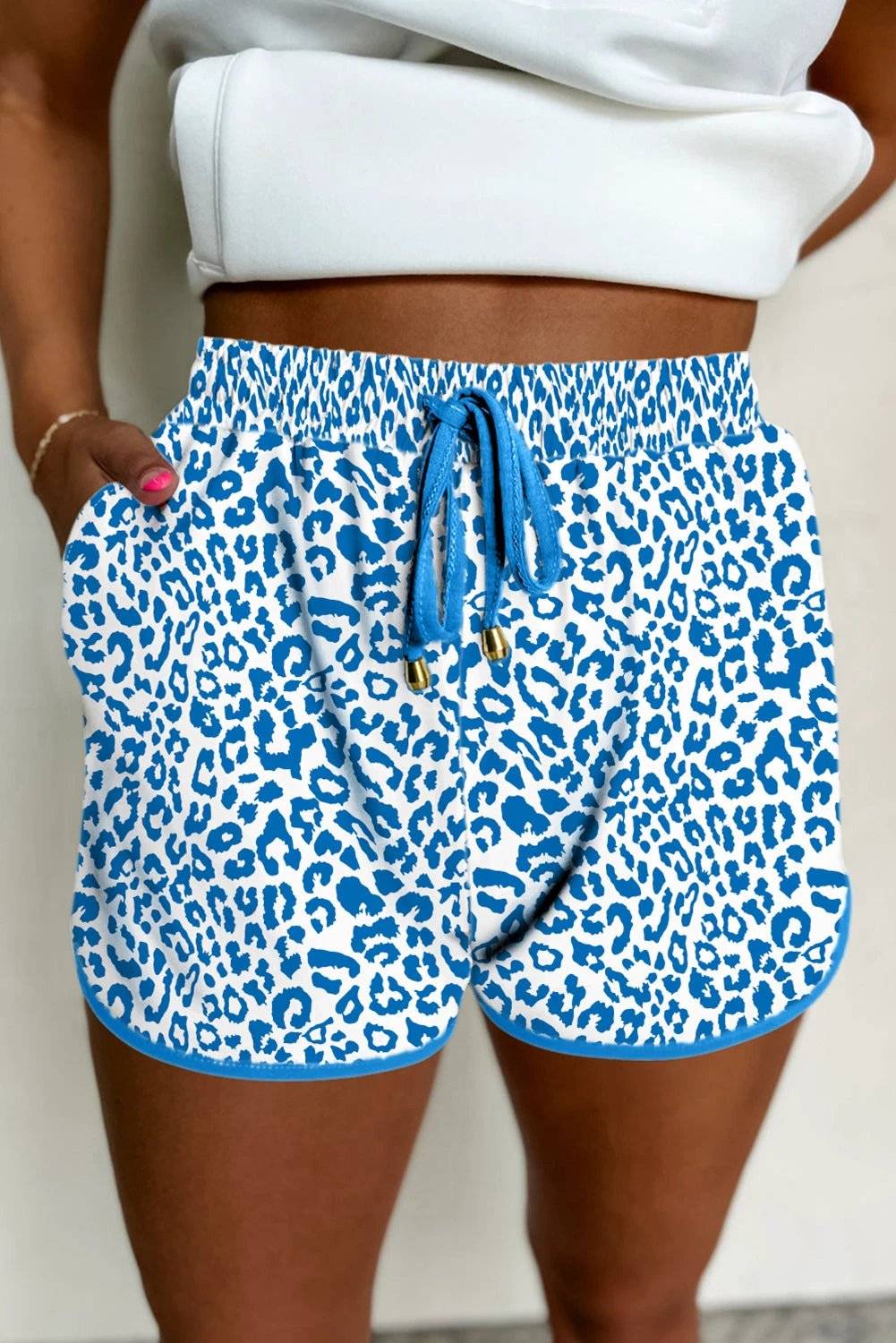 Leopard print elastic waistband shorts with lace-up trim and contrast edging for casual mom style