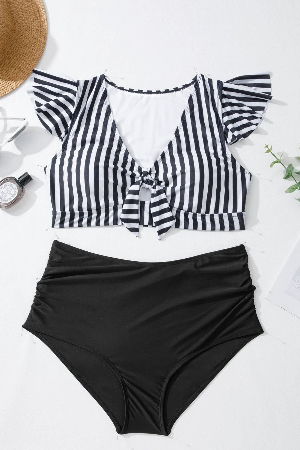 black stripe plus size knot cutout ruffle sleeve and high waisted 2pcs swimsuit for women casual everyday outfit