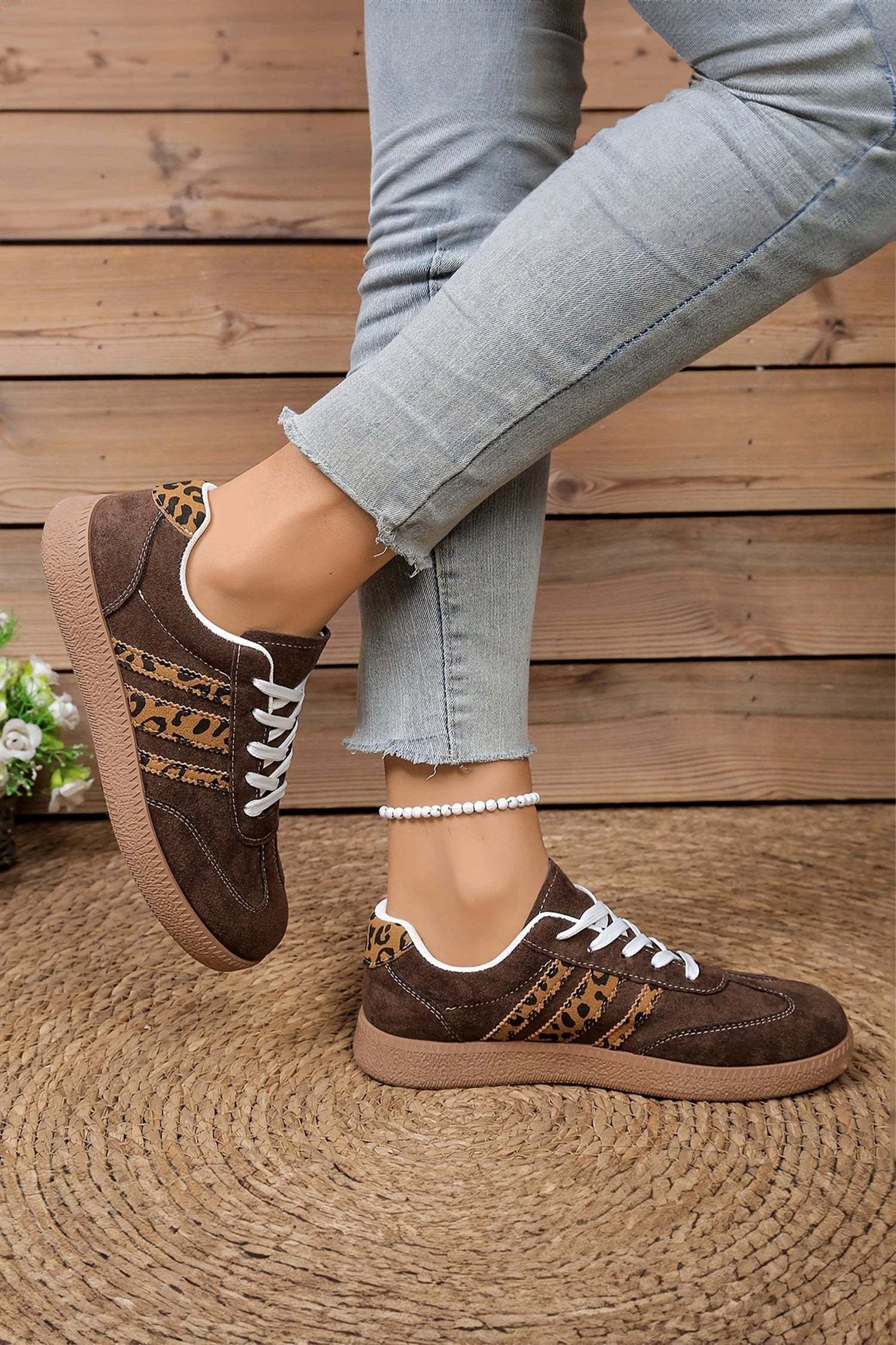 coffee contrast lace-up leopard patchwork detail faux suede shoes for women casual everyday outfit