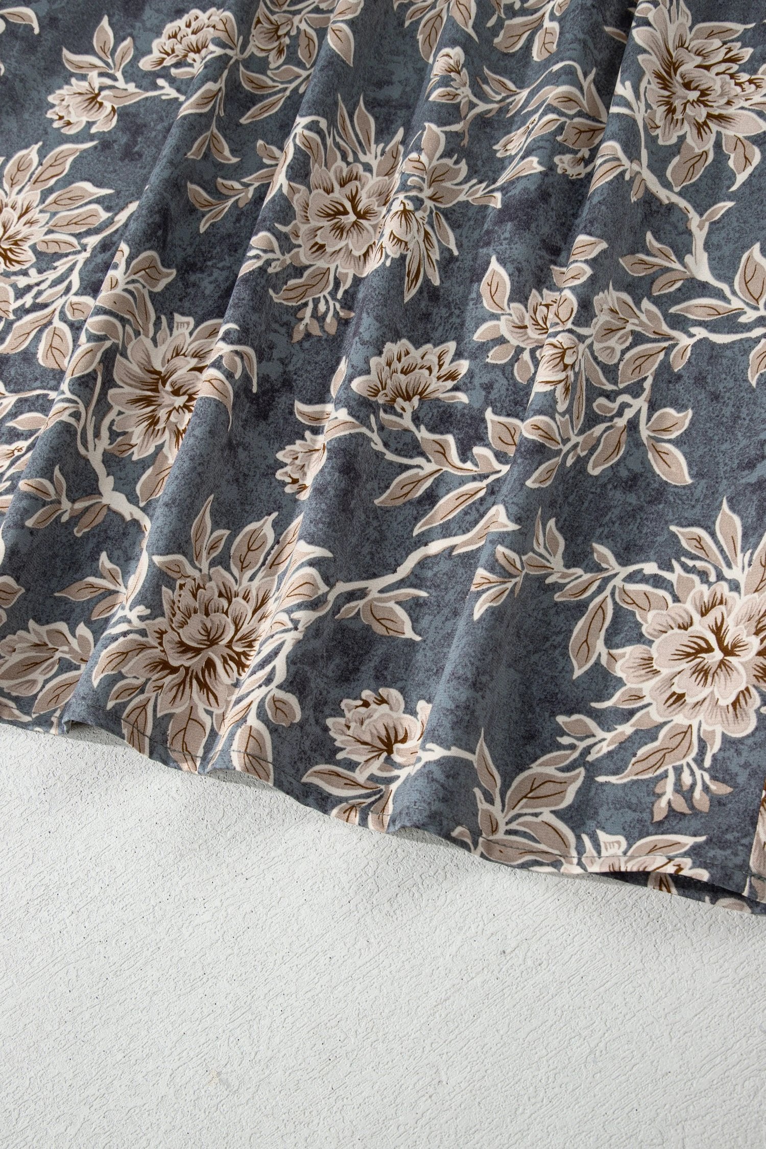 Dear-Lover Dropshipping Sky Blue Plus Size Floral Print Split Neck Shirred High Waist Long Sleeve Maxi Dress - Plus Size/Plus Size Dresses/Plus Size Maxi Dresses