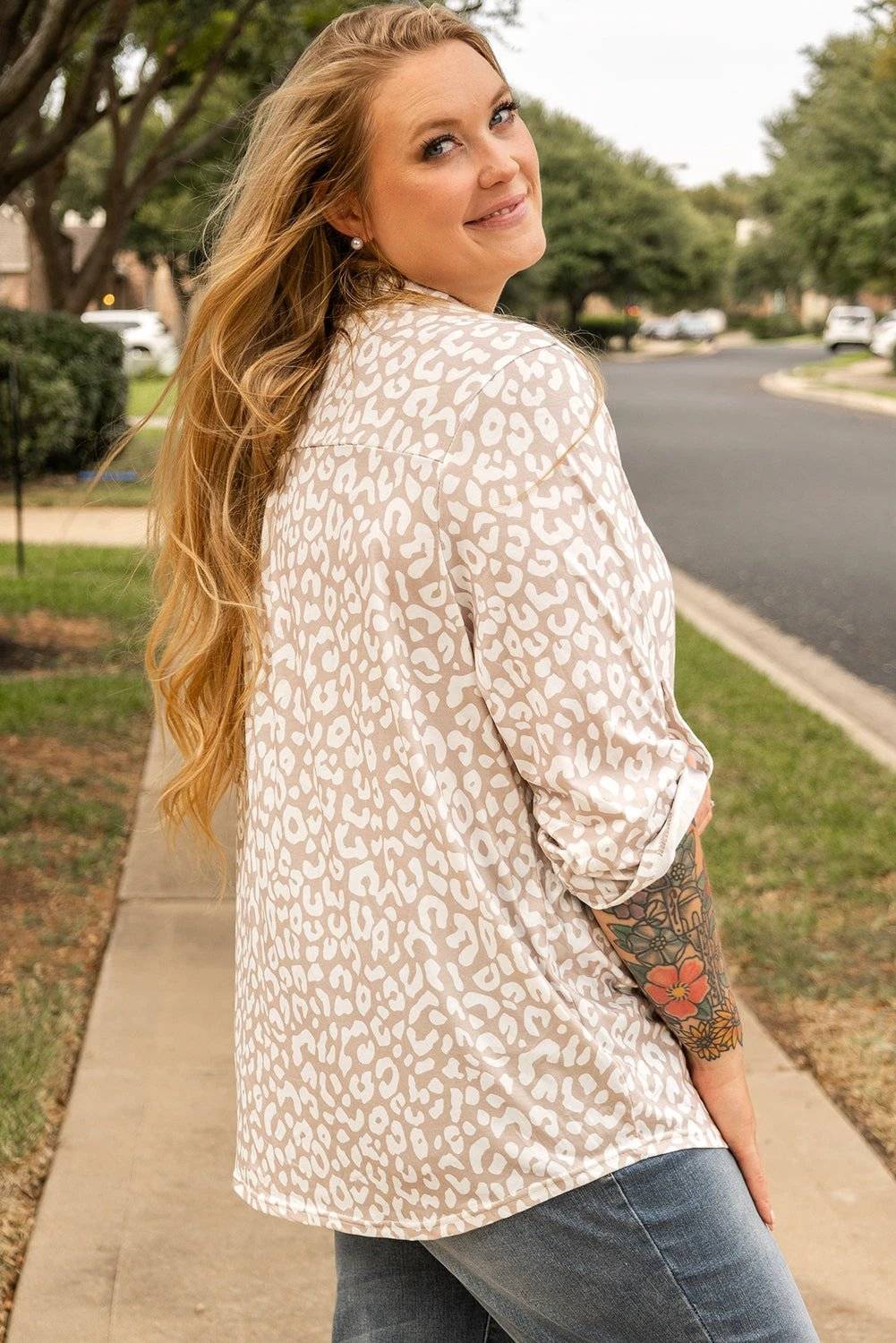 Dear-Lover Dropshipping Apricot Leopard Tab Sleeve V Neck Plus Size Top - Plus Size/Plus Size Tops/Plus Size Blouses & Shirts