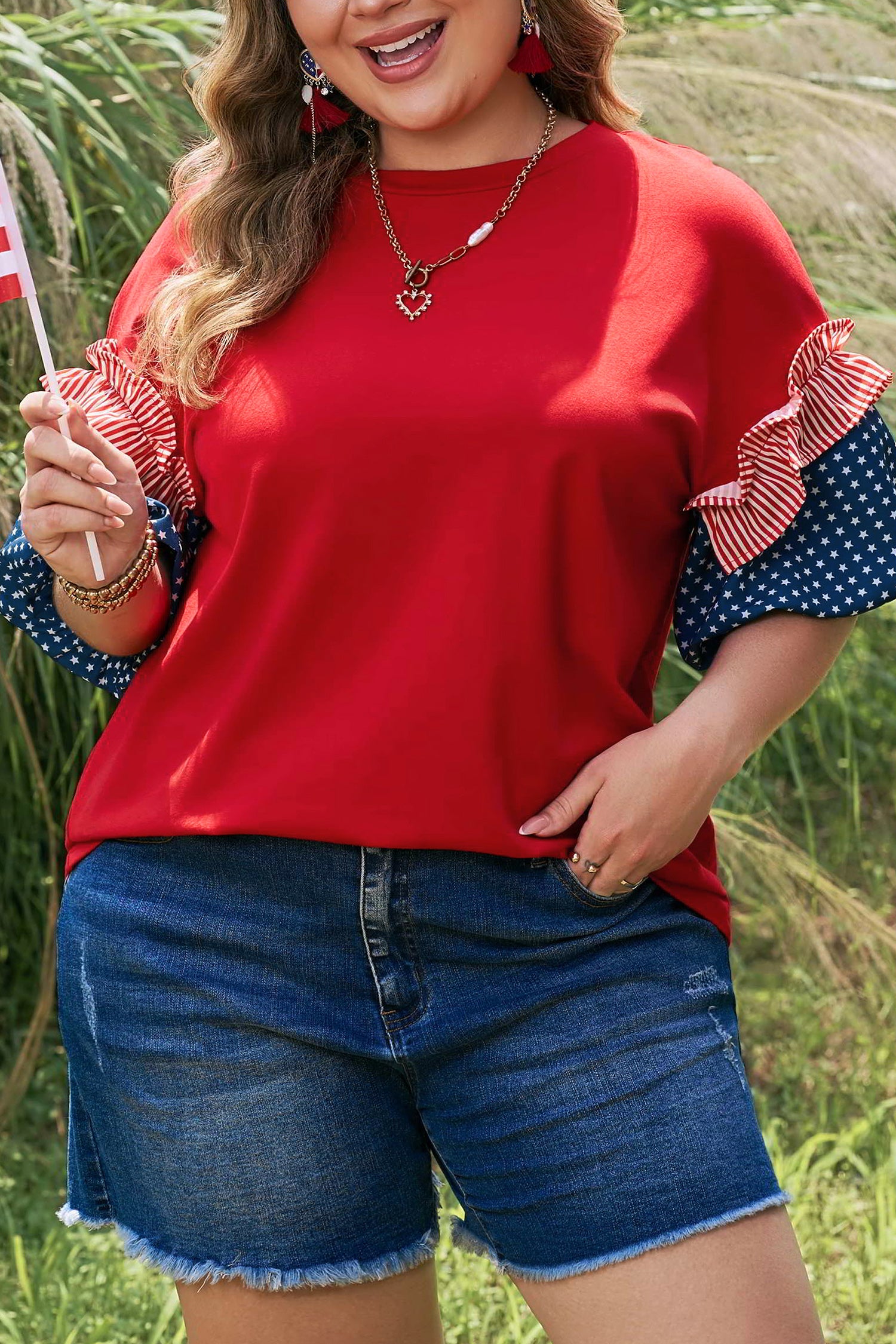 Plus Size Patchwork Star Top with Striped — plus size women's everyday top | J&H Apparel