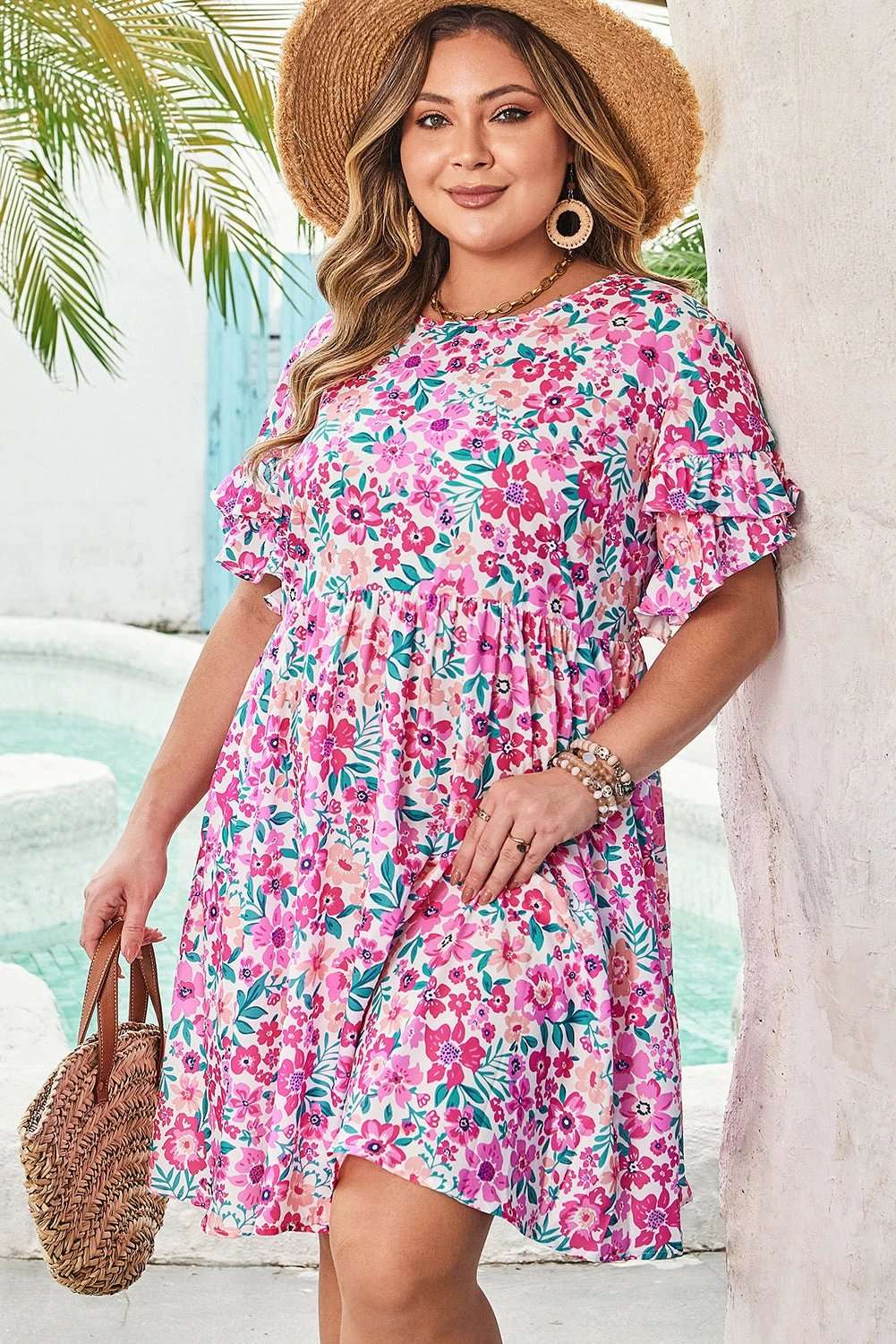 Plus Size Floral Dress with frilled short sleeves and flare silhouette
