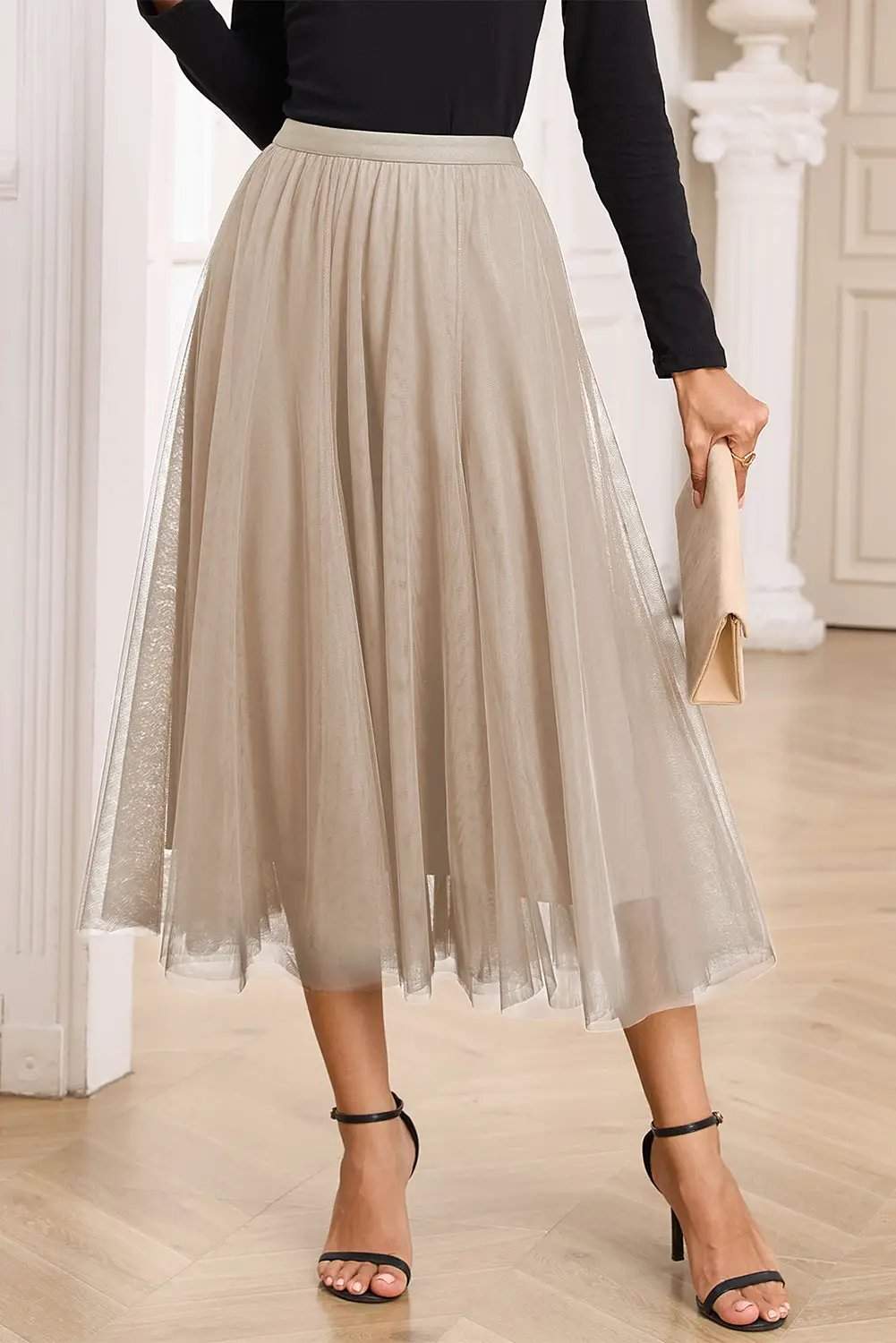Dear-Lover Dropshipping Apricot Tulle Mesh Overlay Flared Midi Skirt - Bottoms/Skirts & Petticoat