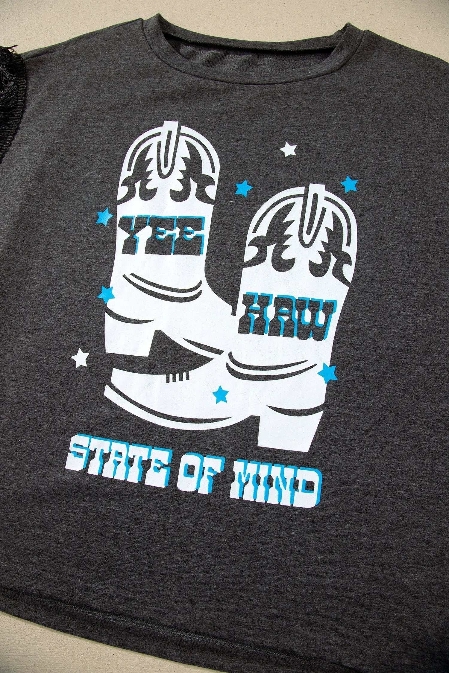 Fringe Sleeve Western Graphic Tee carbon grey yee haw boots western top