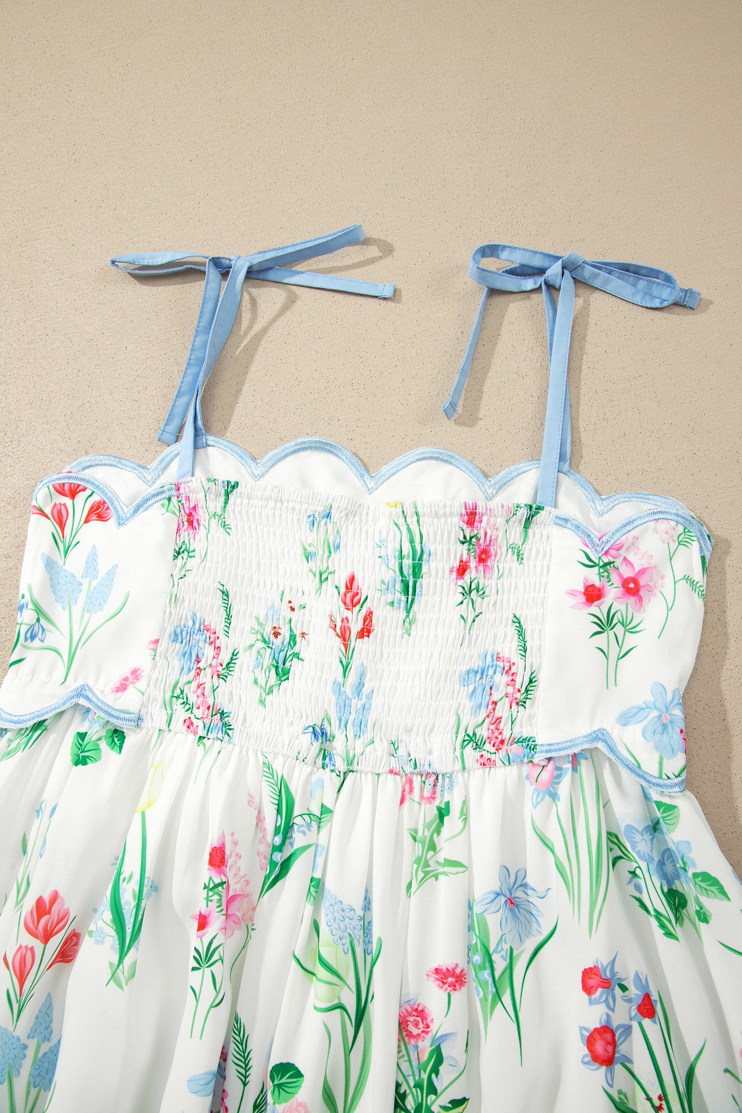 Floral Print Contrast Trim Self-tie Straps High-Waisted Midi Dress — everyday dress for women | J&H Apparel