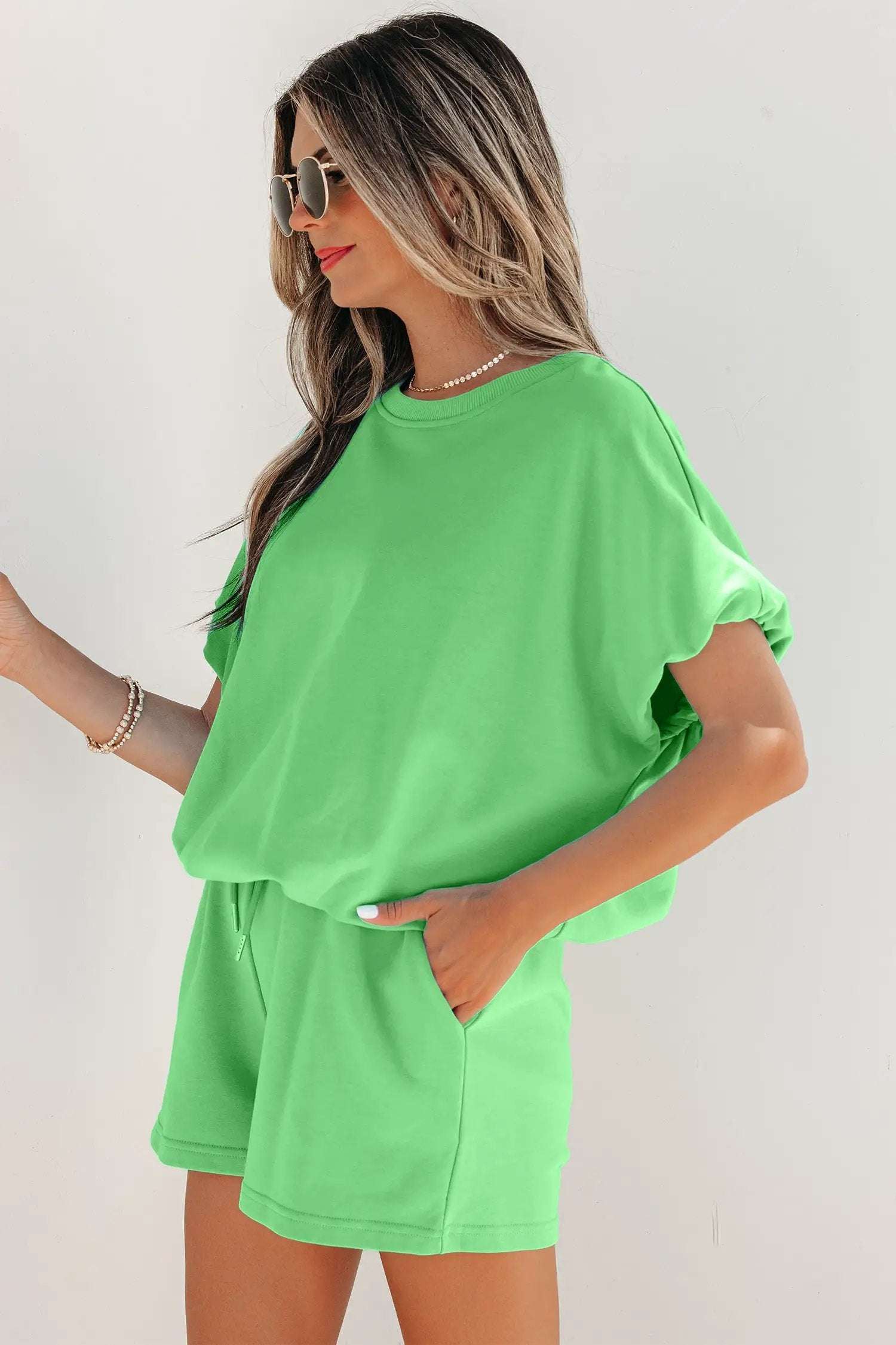 J&H Apparel Green Solid Color Puffy Loose Top Drawstring Shorts 2pcs Outfit - Outfit Sets Two Piece Sets/Short Sets