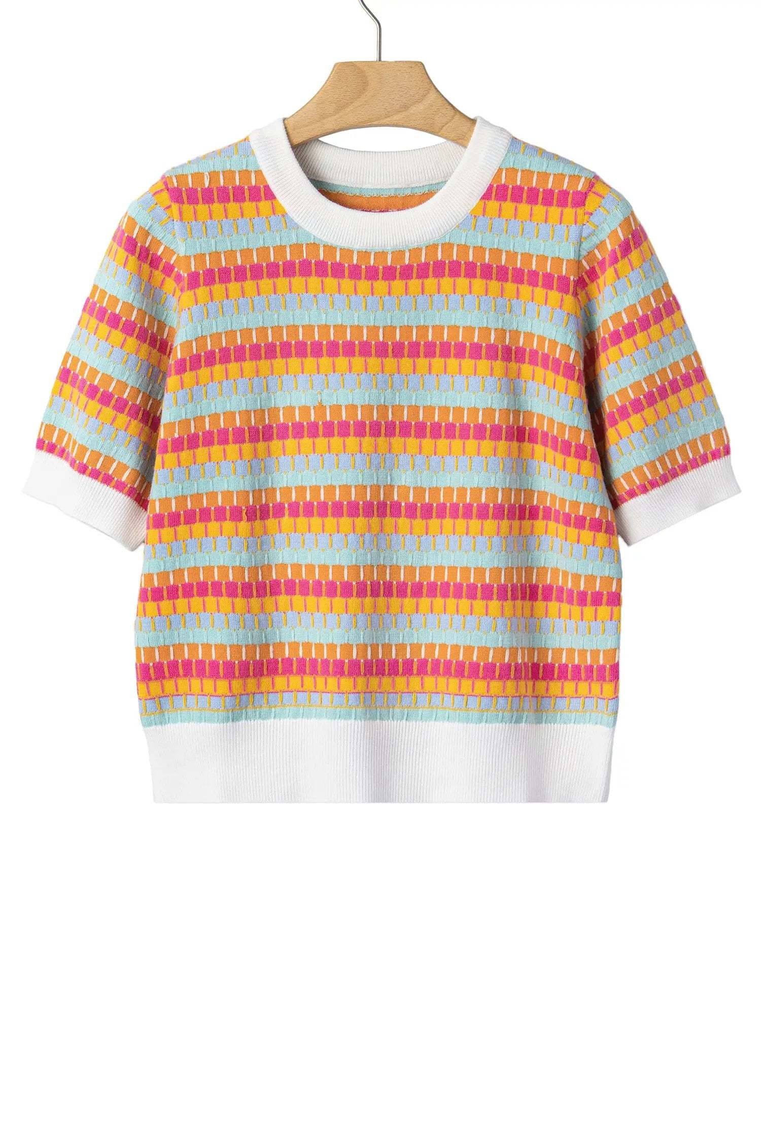 Orange striped knit sweater with short sleeves and abstract orange stripes on a relaxed fit model