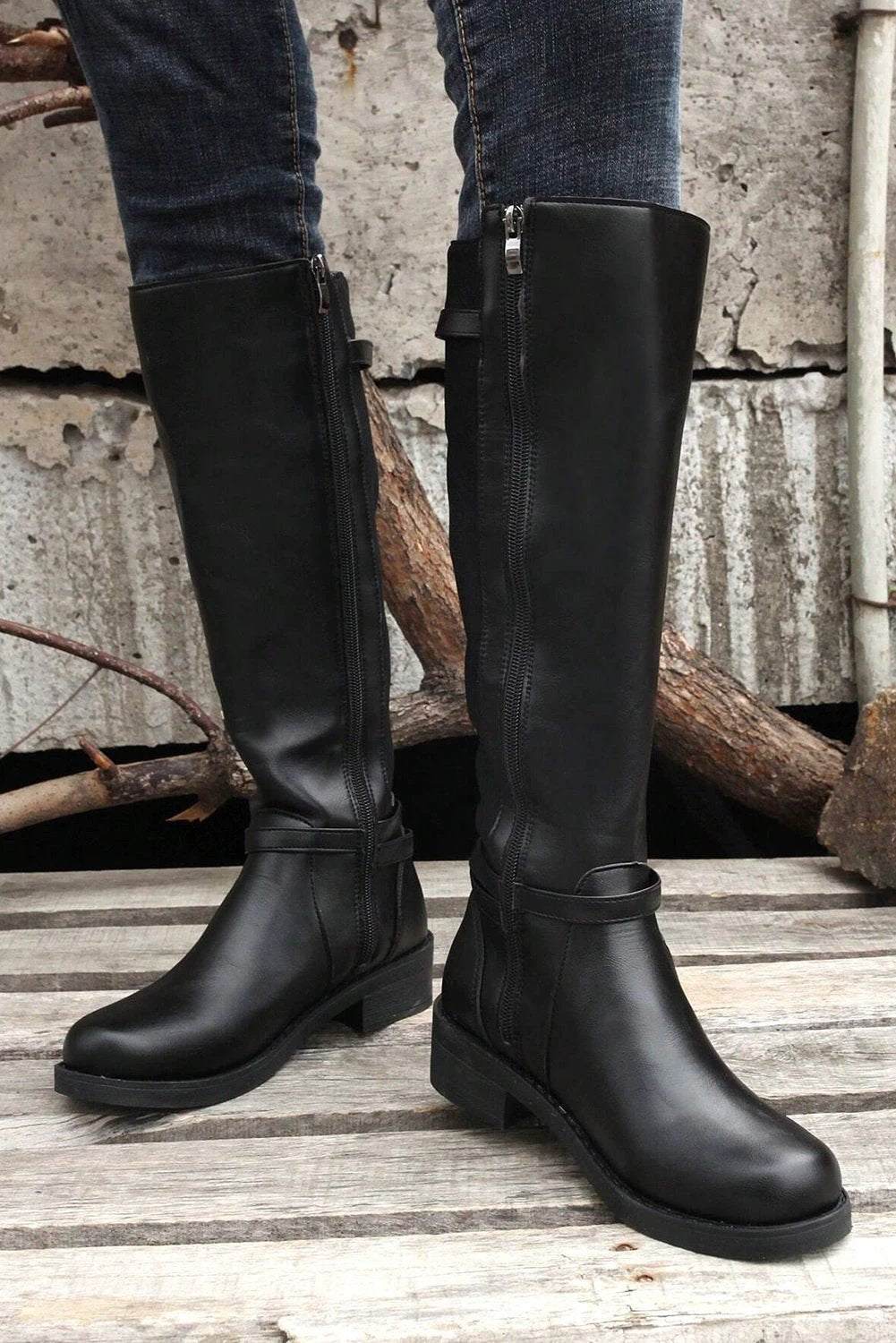 Main Character Energy knee-high boots with side zip and chunky low heel in sleek PU leather