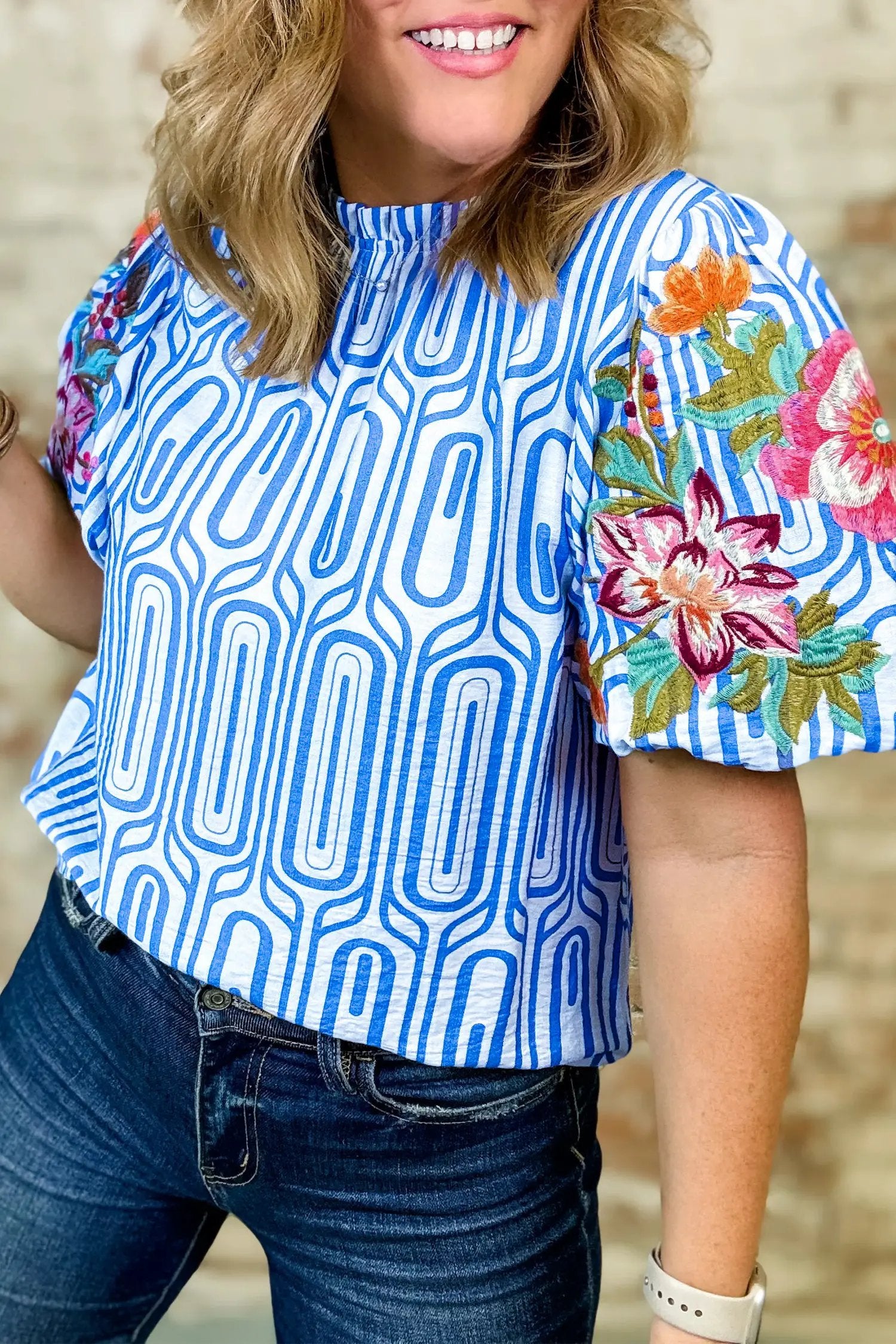 sky blue unique geometry print floral embroidered puff sleeve blouse for women casual everyday outfit