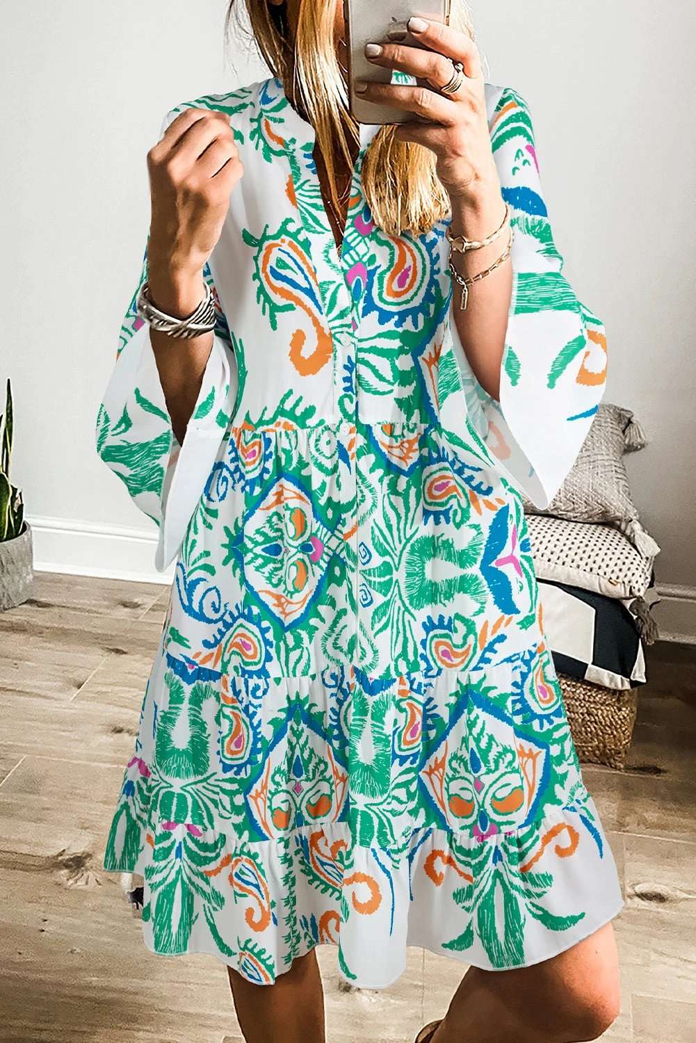 Printed Tribal Mini Dress with buttoned front and bracelet sleeves