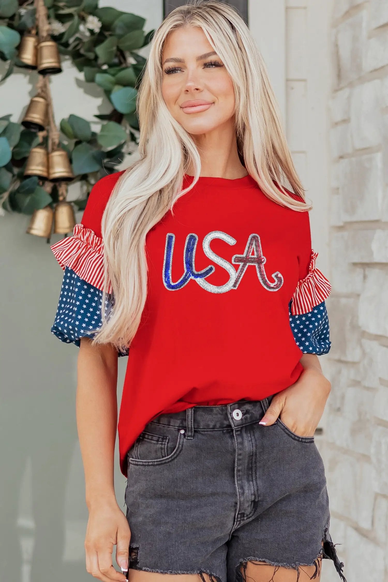 Red sequin USA lettering tee with contrast spliced sleeves and patriotic design