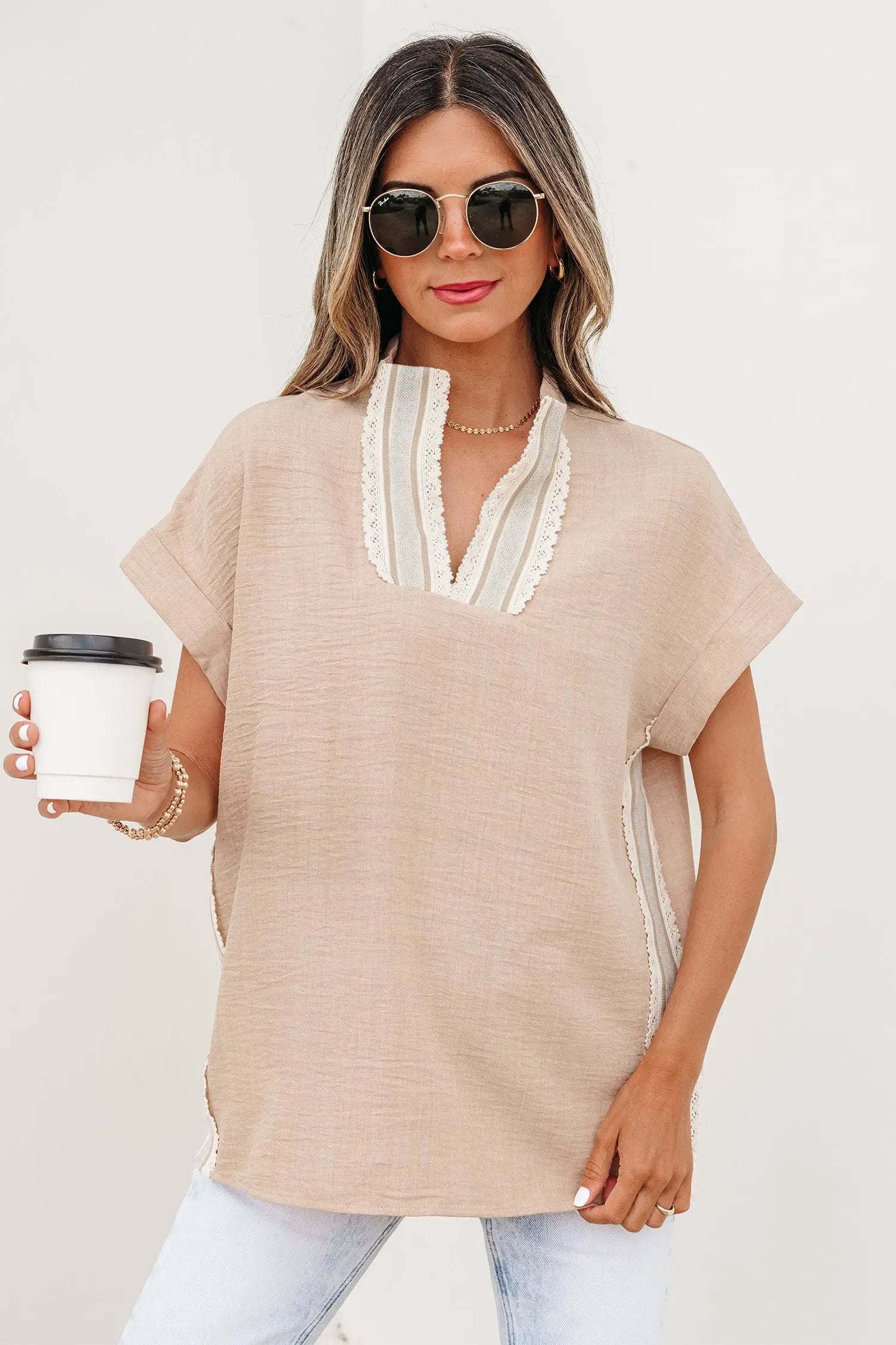 J&H Apparel Crochet Lace Accent Pullover Rolled Short Sleeve Blouse - Blouses Tops/Blouses & Shirts