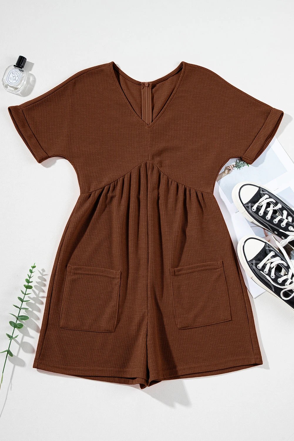 coffee solid color knit v neck zipped loose romper for women casual everyday outfit