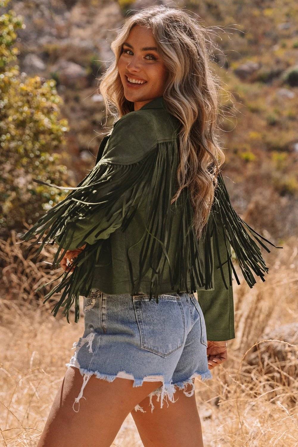 Cropped faux suede jacket with western fringe and detailing for main character energy look