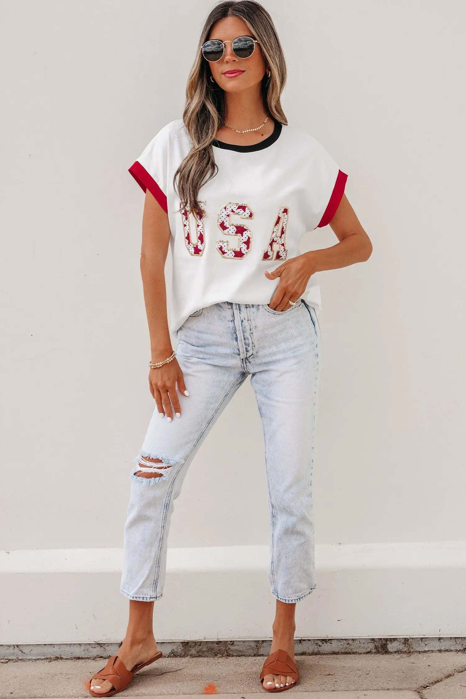 Star-Spangled Shine relaxed fit t-shirt with USA sequin graphic and color-block trim