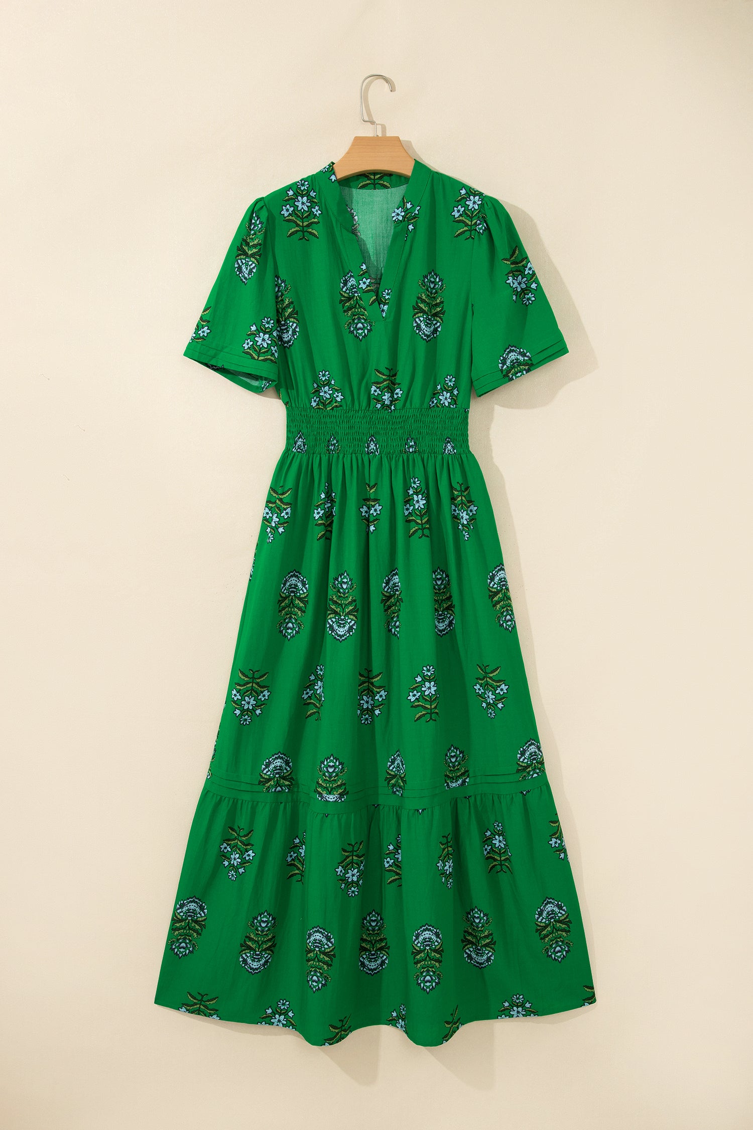 White Floral Print Split Neck Shirred High Waist Ruffle Hem Maxi Dress
