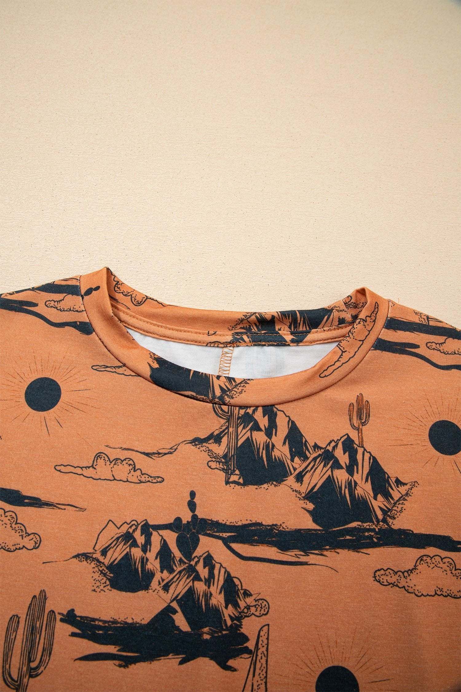 chestnut desert sand print short sleeve knit top for women casual everyday outfit