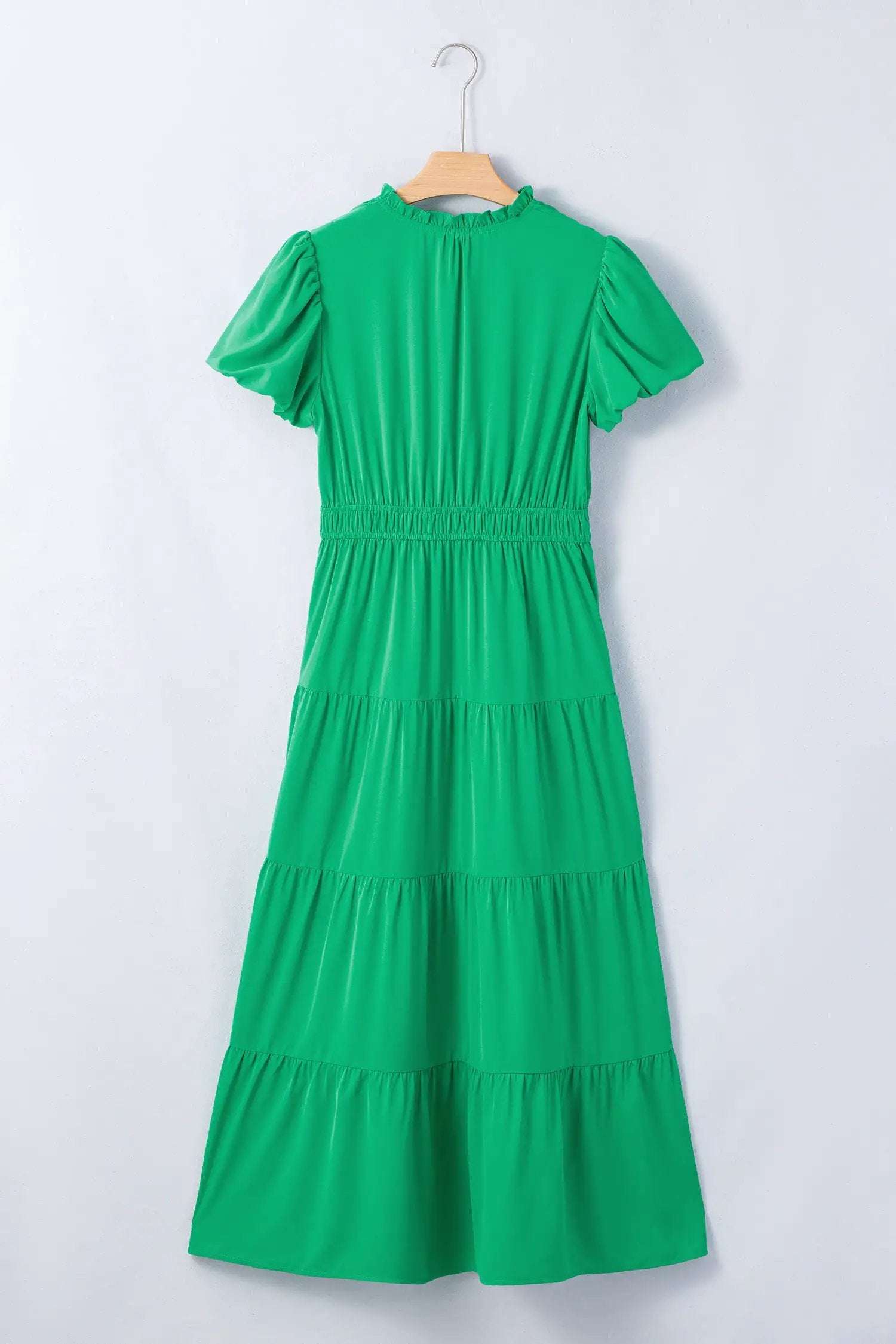 J&H Apparel Green Solid Color V Neck Short Puff Sleeve High Waist Tiered Maxi Dress - Dresses Dresses/Maxi Dresses