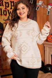 Plus size relaxed knit sweater with Western Aztec print and cozy fit