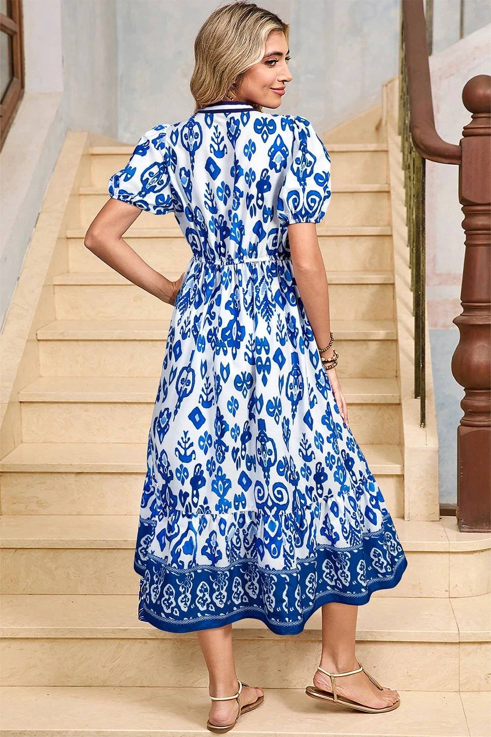 sky blue floral puff short sleeve v neck high waist maxi dress for women casual everyday outfit