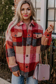 Plus size plaid print fleece jacket with flap pockets and button closure