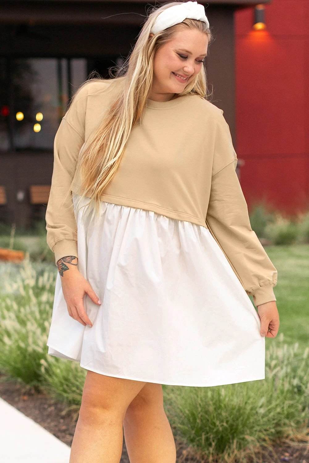 Plus size Weekend Pretty colorblock patchwork mini dress with ruffled hem
