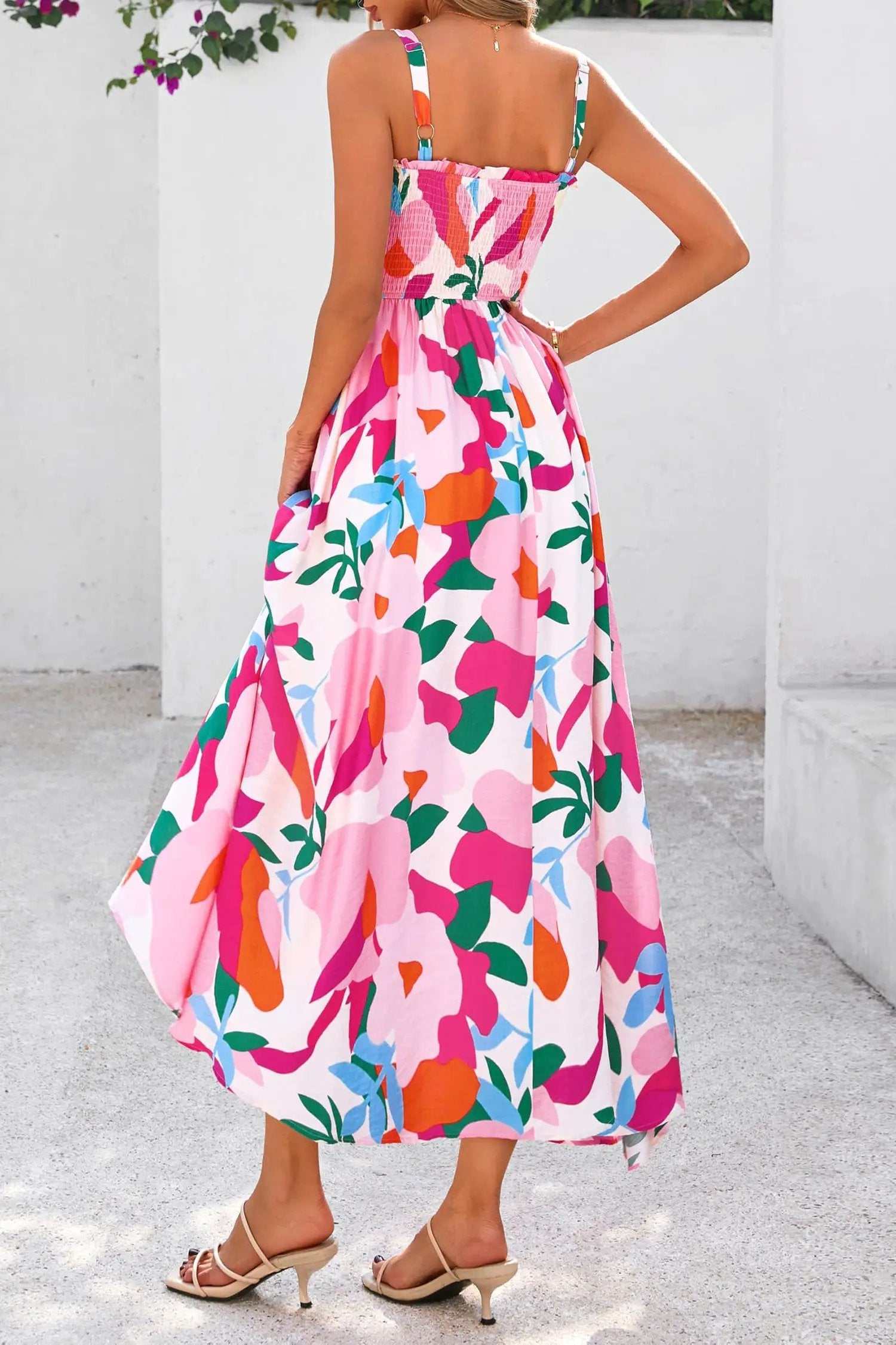 Floral High-Waist Sundress with adjustable straps and smocked bodice