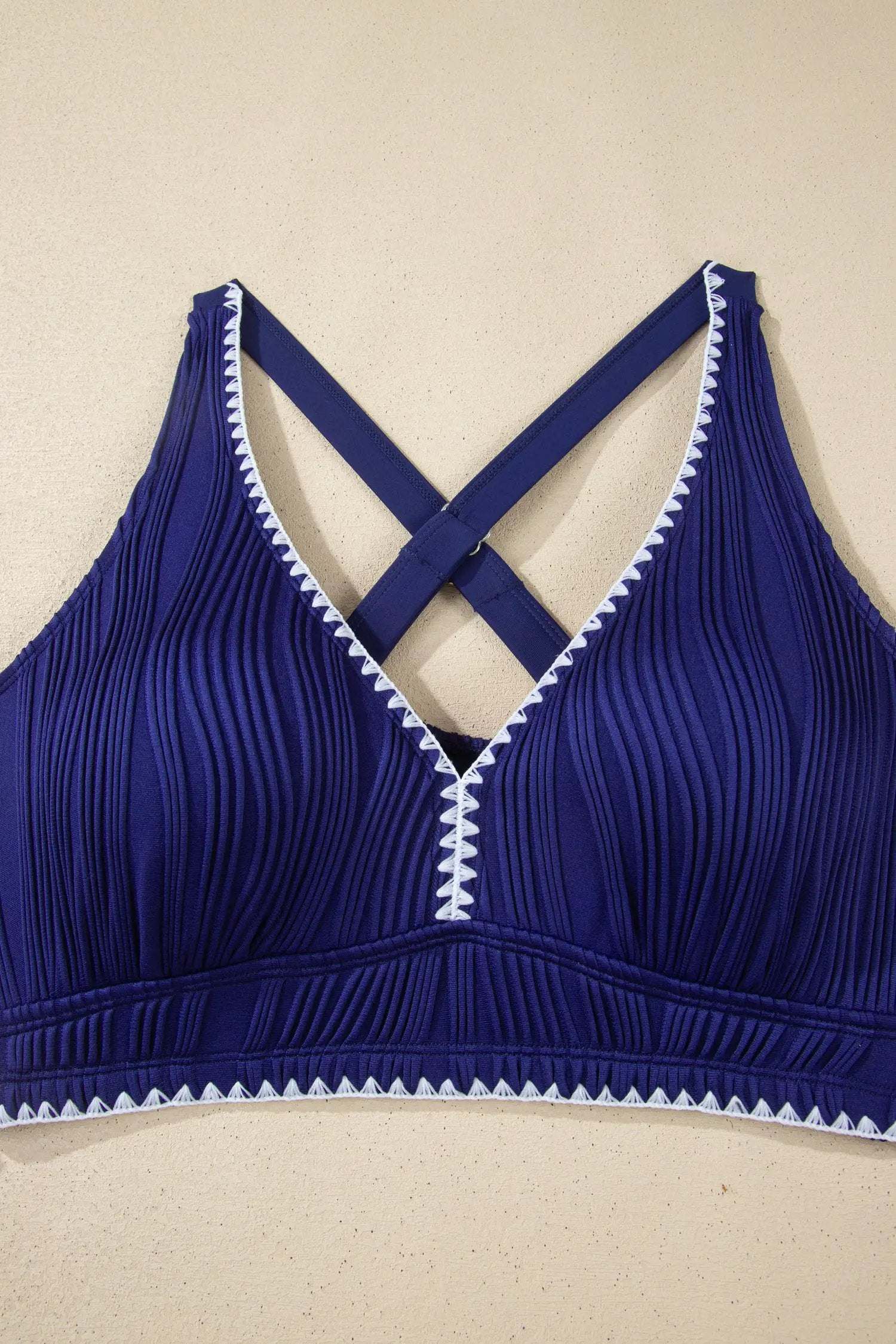 J&H Apparel Dark Blue Shell Stitched Trim V Neck Textured Mix and Match High Waist Bikinis - Classic Bikinis Swimwear/Bikinis