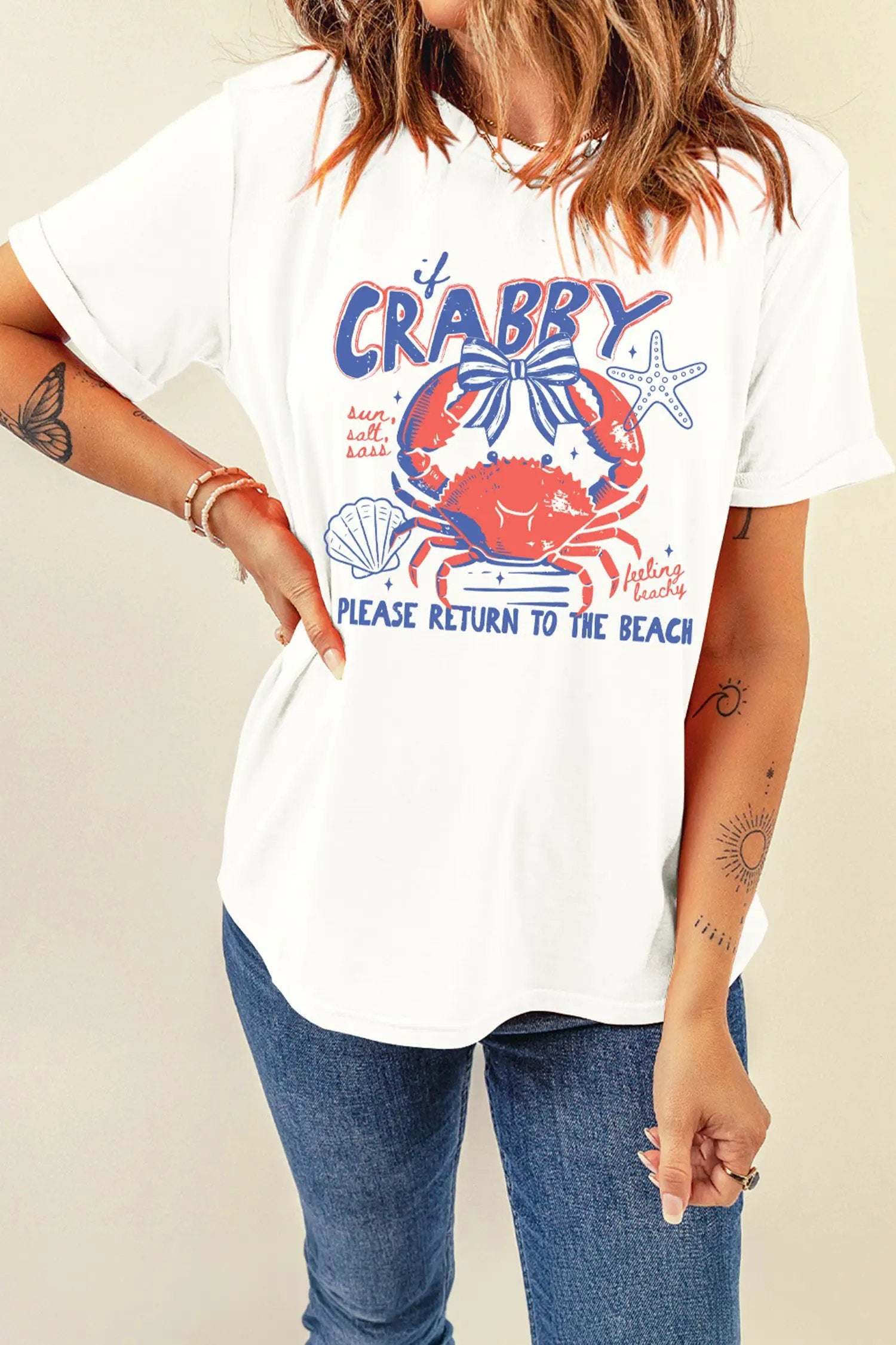 White coastal crab graphic tee for vacation ready beach style