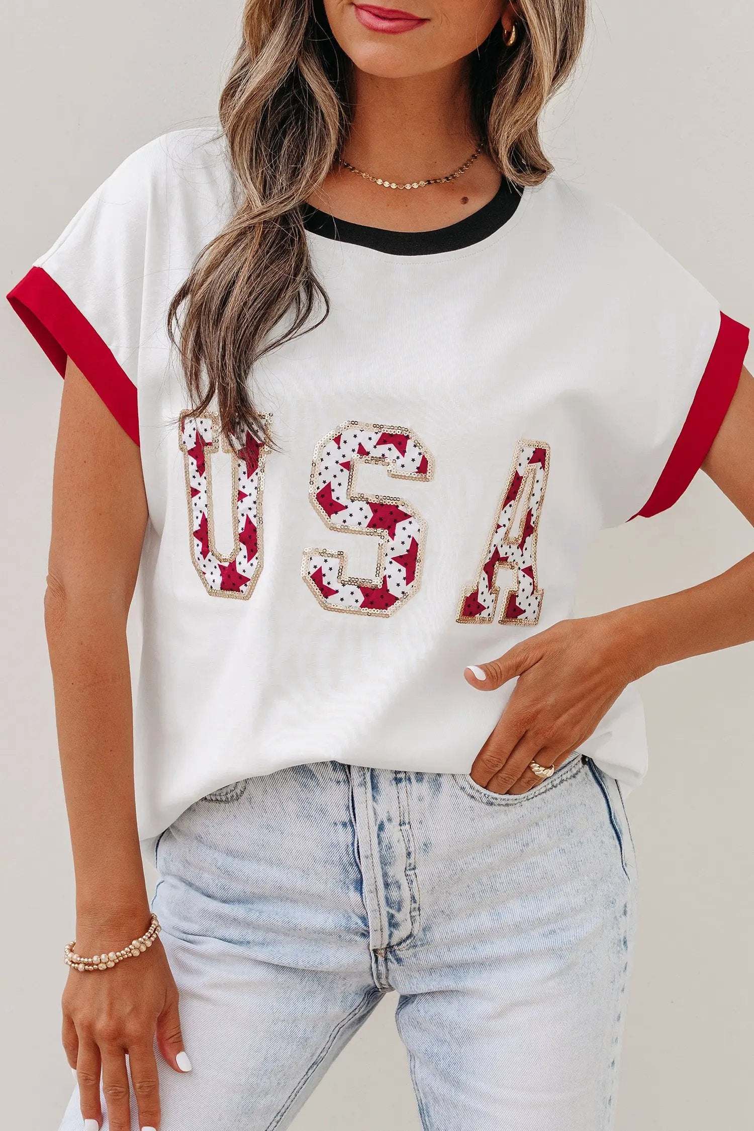 Star-Spangled Shine loose T-shirt with USA sequin and color-block trim