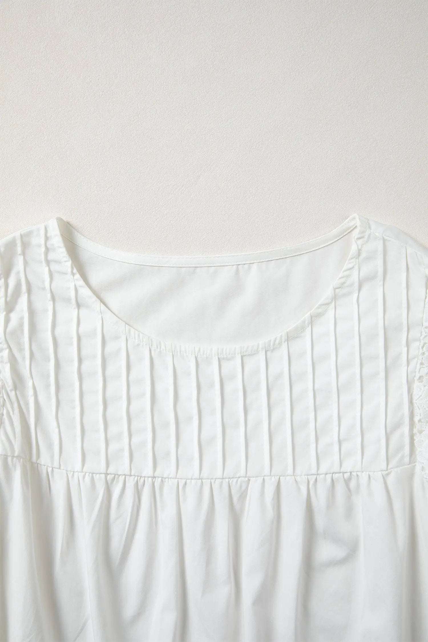 White Southern Charm lace detail flutter sleeve blouse with pleated round neck and scalloped edges