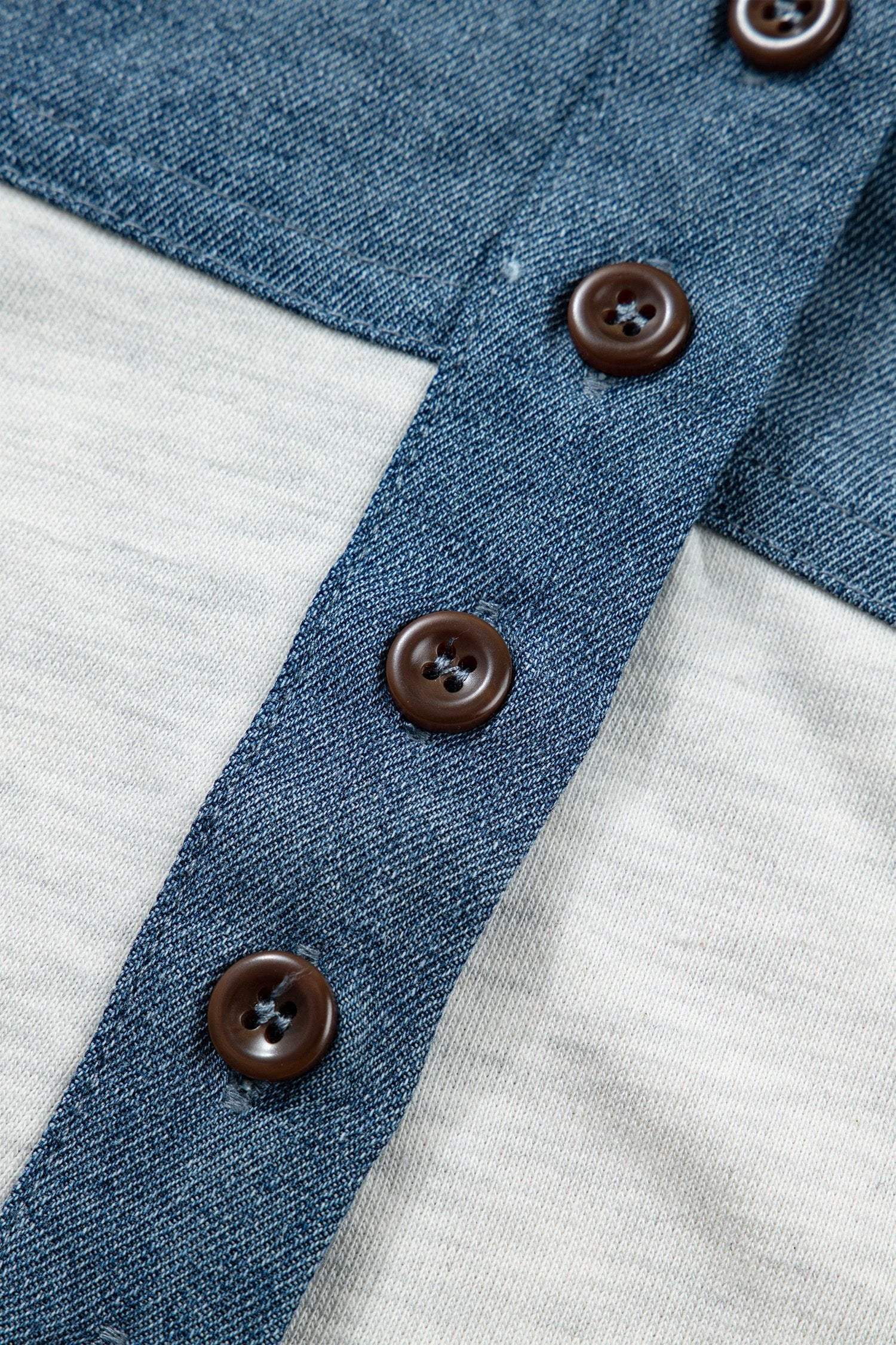Western Chic color block denim patchwork polo top with button collar and short sleeves