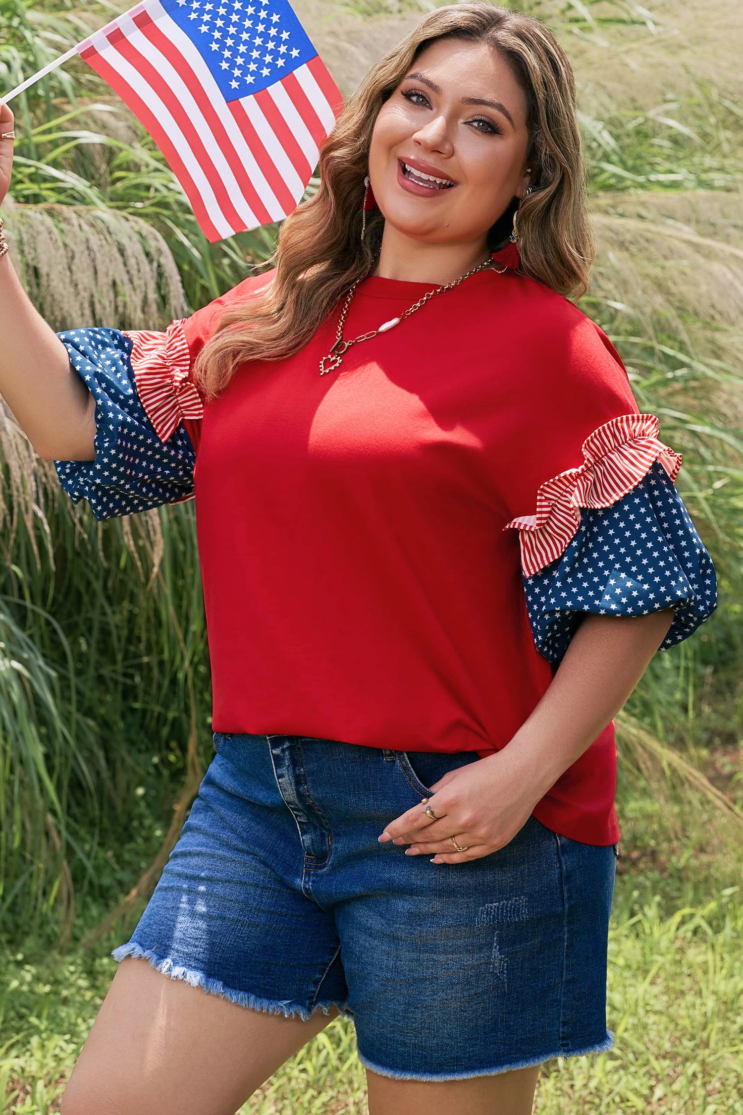 Plus Size Patchwork Star Top with Striped — plus size women's everyday top | J&H Apparel