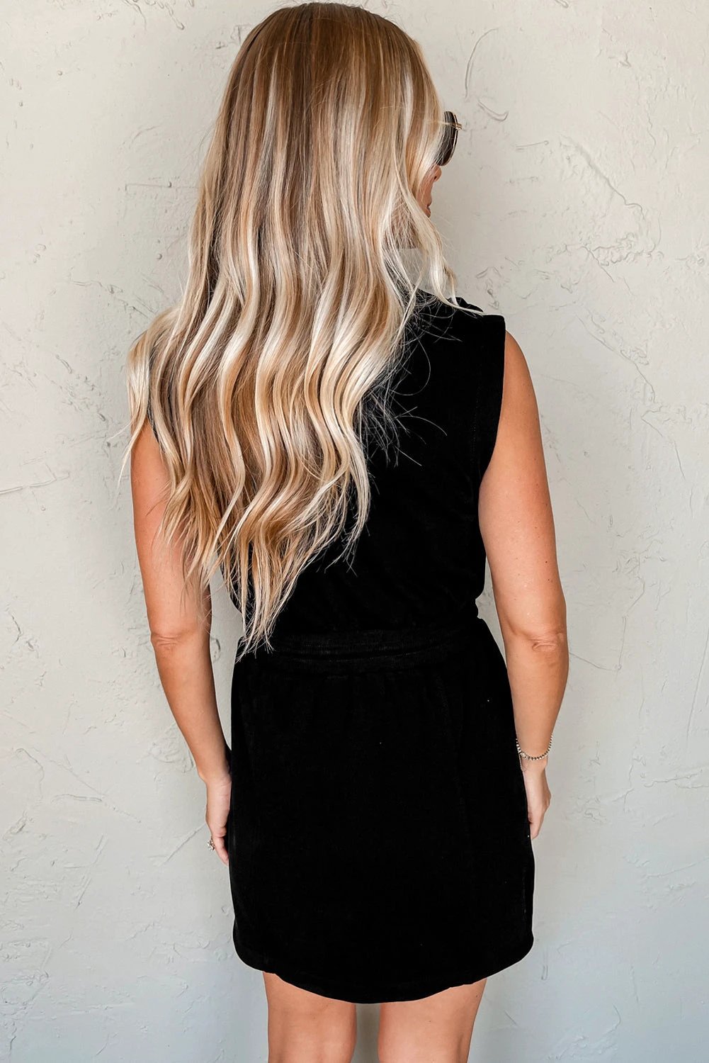 black french terry zipped collar sleeveless drawstring waist mini dress for women casual everyday outfit